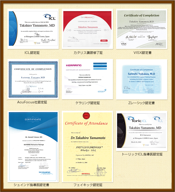 AMOイントラレース認定証 ウェーブライト指導医認定証 Zレーシック指導医認定証 AcuFocus社認定証 ケラリング認定証 Zレーシック臨床アドバイザー認定証 Refractex社CK認定証 OPHTEC認定証