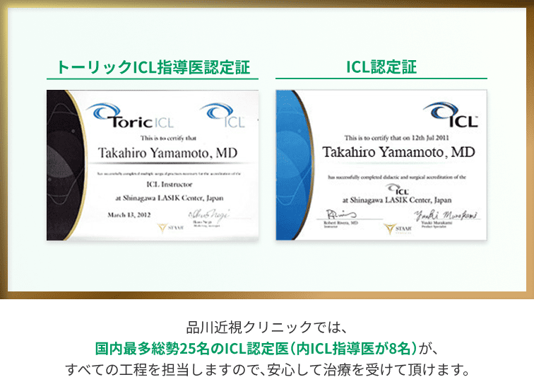 トーリックICL指導医認定証 ICL認定証 品川近視クリニックでは国内最多総勢25名のICL認定医(内ICL指導医が8名)が、すべての工程を担当いたしますので、安心して治療を受けて頂きます。